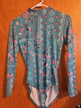 Lucky & Blessed Teal Floral Paisley Mock Neck Long-Sleeve Bodysuit